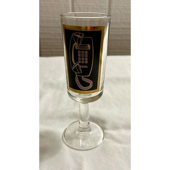 UNIQUE VINTAGE GALAXY TELEPHONE BAR GLASS C1960 Black & Gold Telephone Graphic - Picture 1 of 5